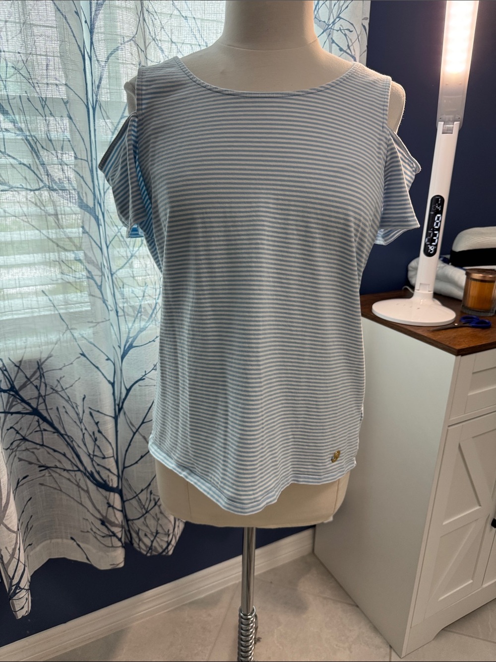 Michael Kors - Women’s Cold-Shoulder Striped Tank Top - Light Blue & White